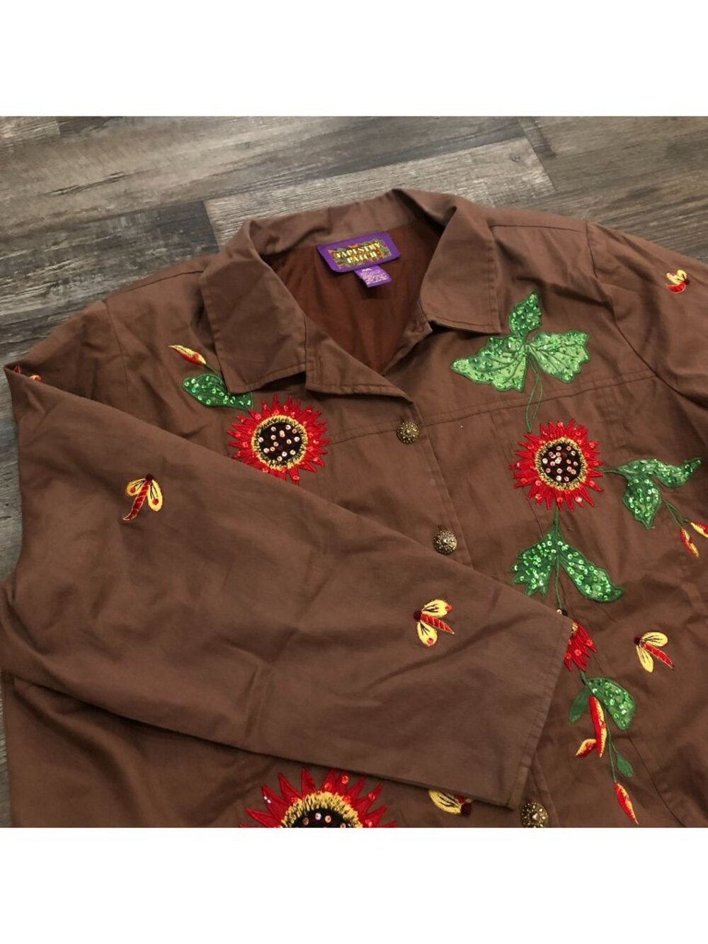 Tapestry Patch Jacket Button Up Shoulder Pads Womens 2XL Brown Beaded Sunflower